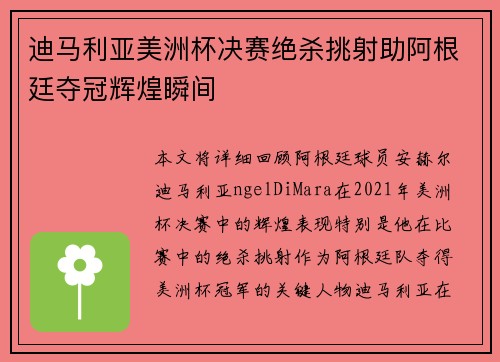 迪马利亚美洲杯决赛绝杀挑射助阿根廷夺冠辉煌瞬间 迪马利亚美洲杯决赛绝杀挑射助阿根廷夺冠辉煌瞬间